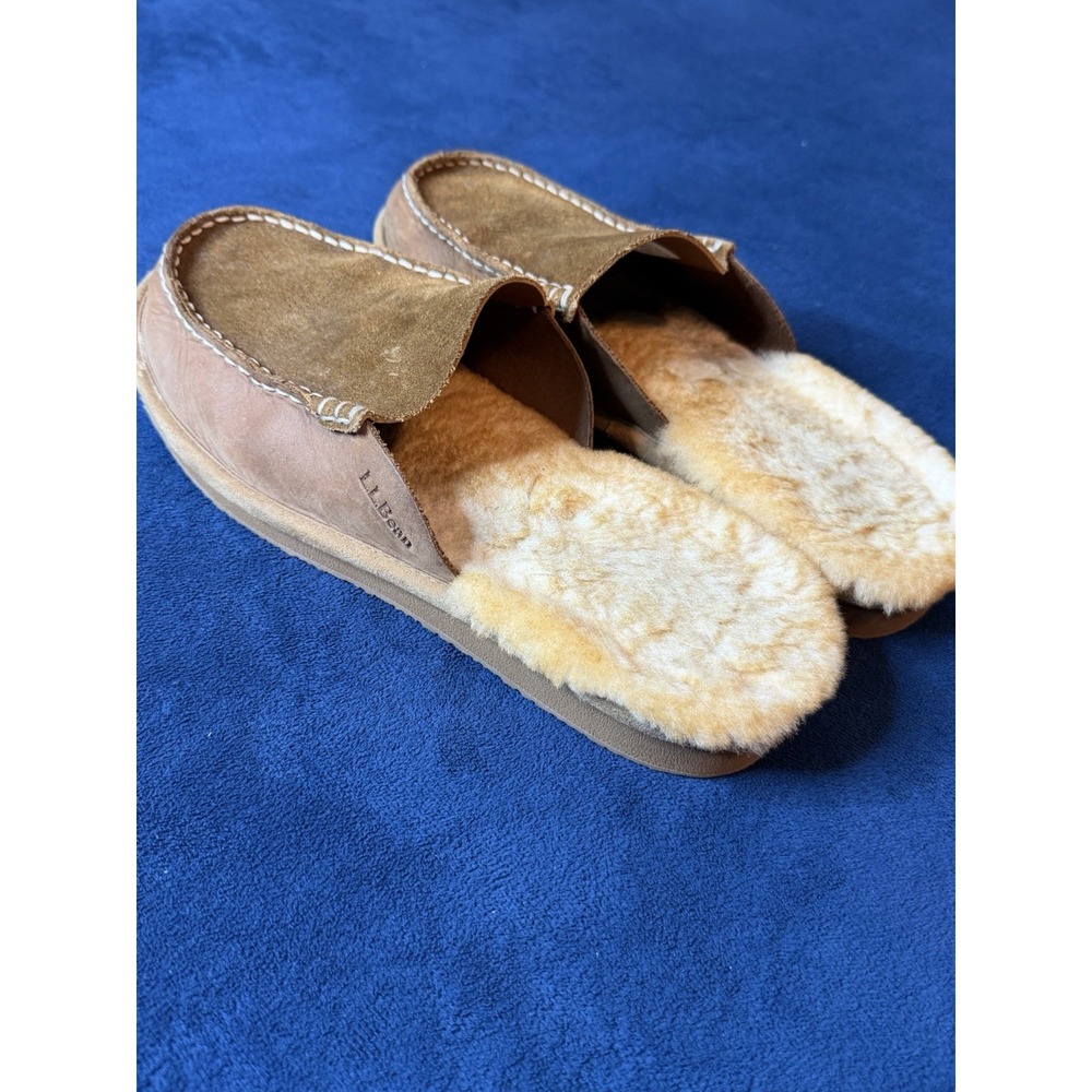 LL Bean Womens Wicked Good Slipper Scuffs Size 11 Mens 9.5 Suede Lamb Fur Brown